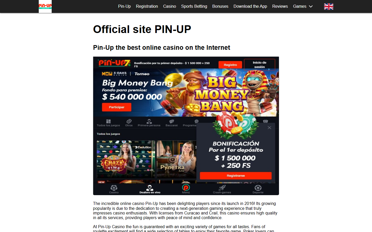 Pin-Up public page screenshot for Coin Volcano checks
